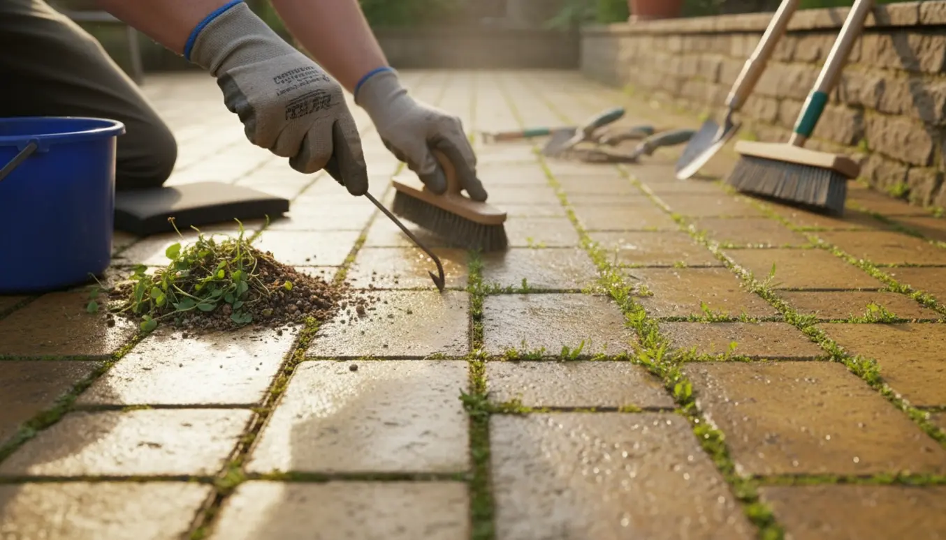Nærbillede af hænder, der fjerner ukrudt mellem fliser på en solvarm terrasse.