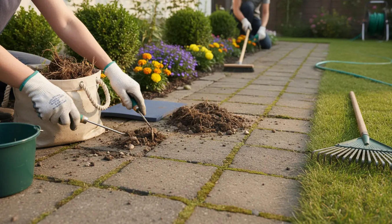 Nærbillede af handsbeklædte hænder, der fjerner ukrudt mellem fliser i en lille forhave.