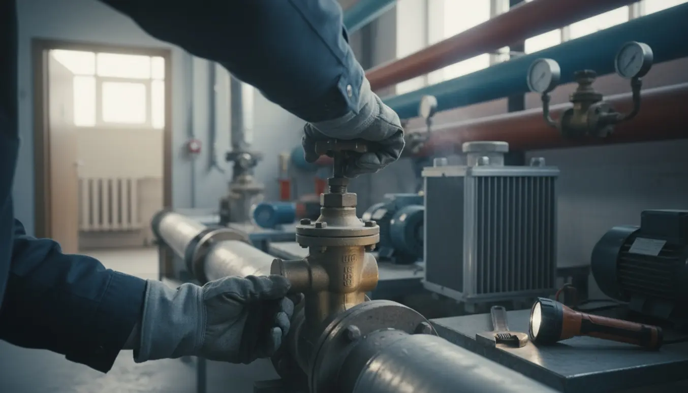 Tekniker justerer en ventil på et isoleret fjernvarmerør i et teknikrum.