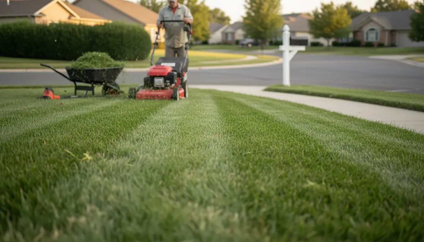 Plæneklipper på en hjørnegrund med nyslået græs og vej omkring grunden.
