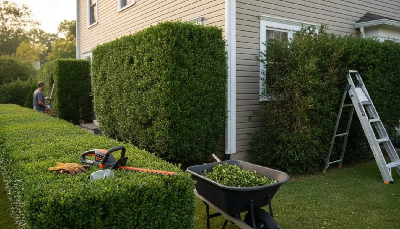 Friskklippet hæk langs tre sider af et hus med redskaber og opsamlet afklip.