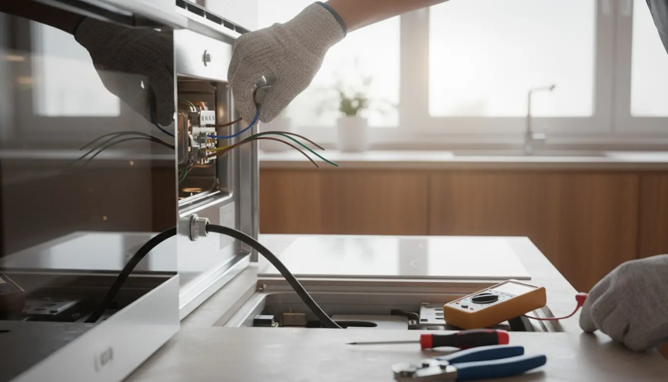 Hænder tilslutter ledninger til en indbygget ovn under installation af en keramisk kogeplade i et moderne køkken.