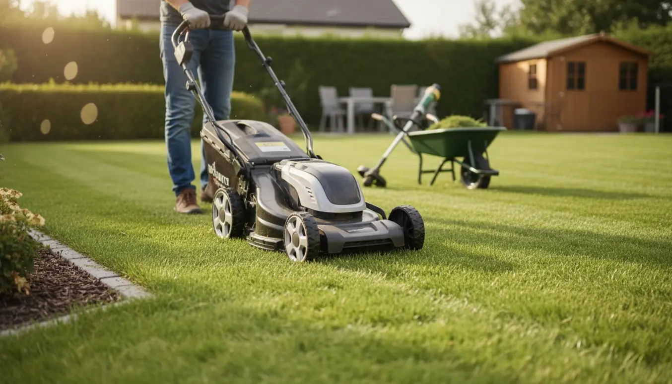 Person slår græsset med en plæneklipper på en velplejet villagræsplæne, ansigt ikke synligt.