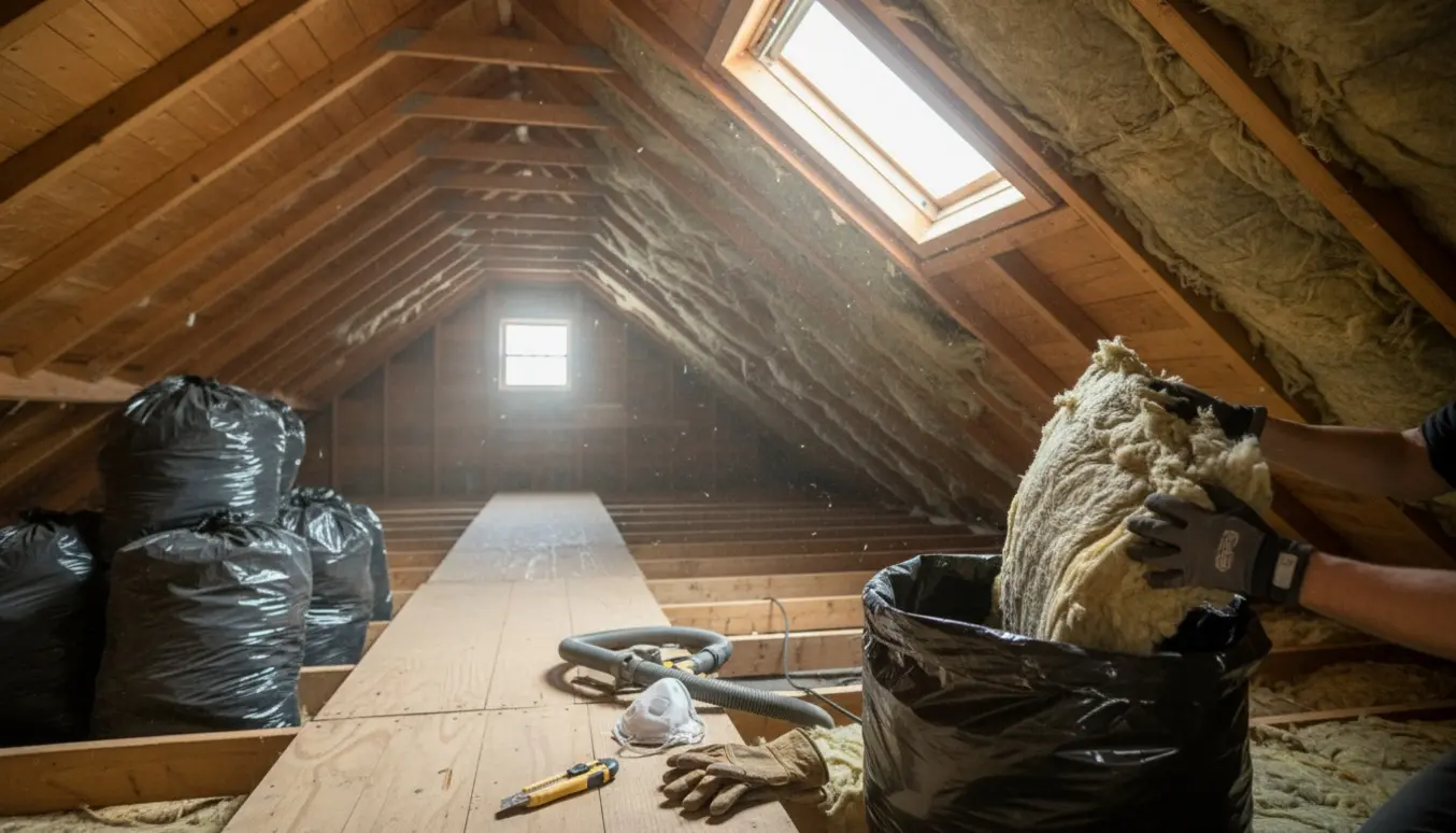 Gammel loftsisolering fjernes i et loftrum, hænder lægger isolering i kraftige sække i varmt dagslys.