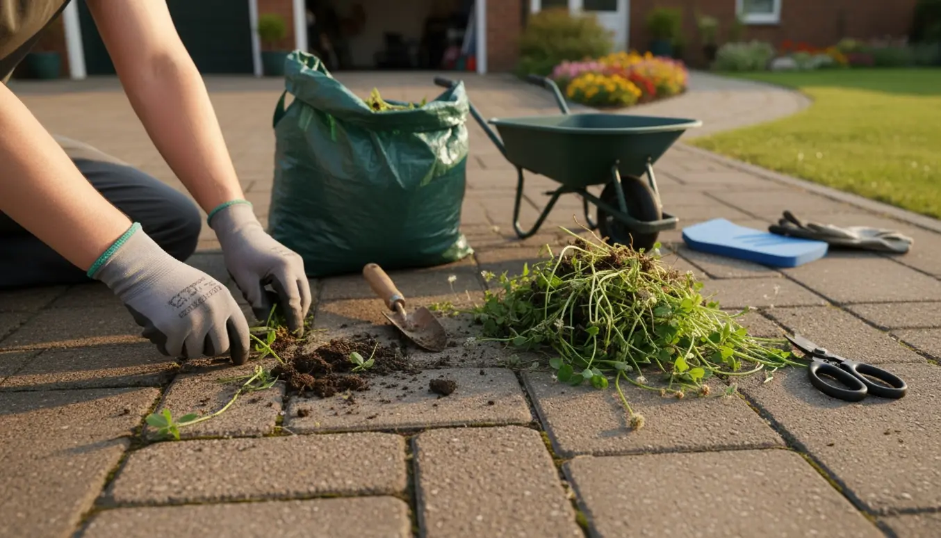 Hænder i handsker fjerner ukrudt mellem fliser i en indkørsel med haveredskaber og kompostsæk ved siden af.