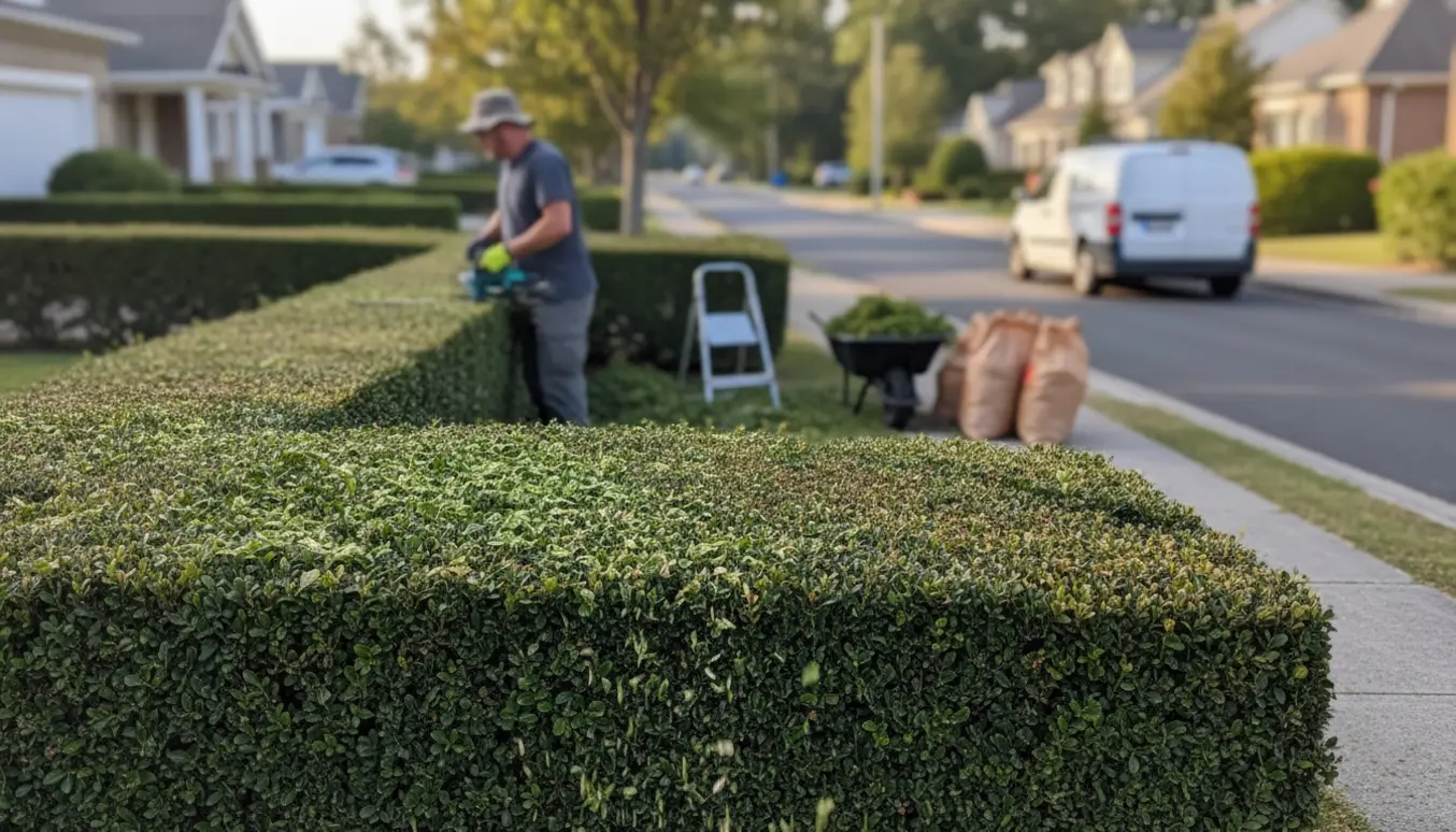 Person klipper ligusterhæk på hjørnegrund med hækkeklipper, stige og opsamlet haveaffald klar til fjernelse.