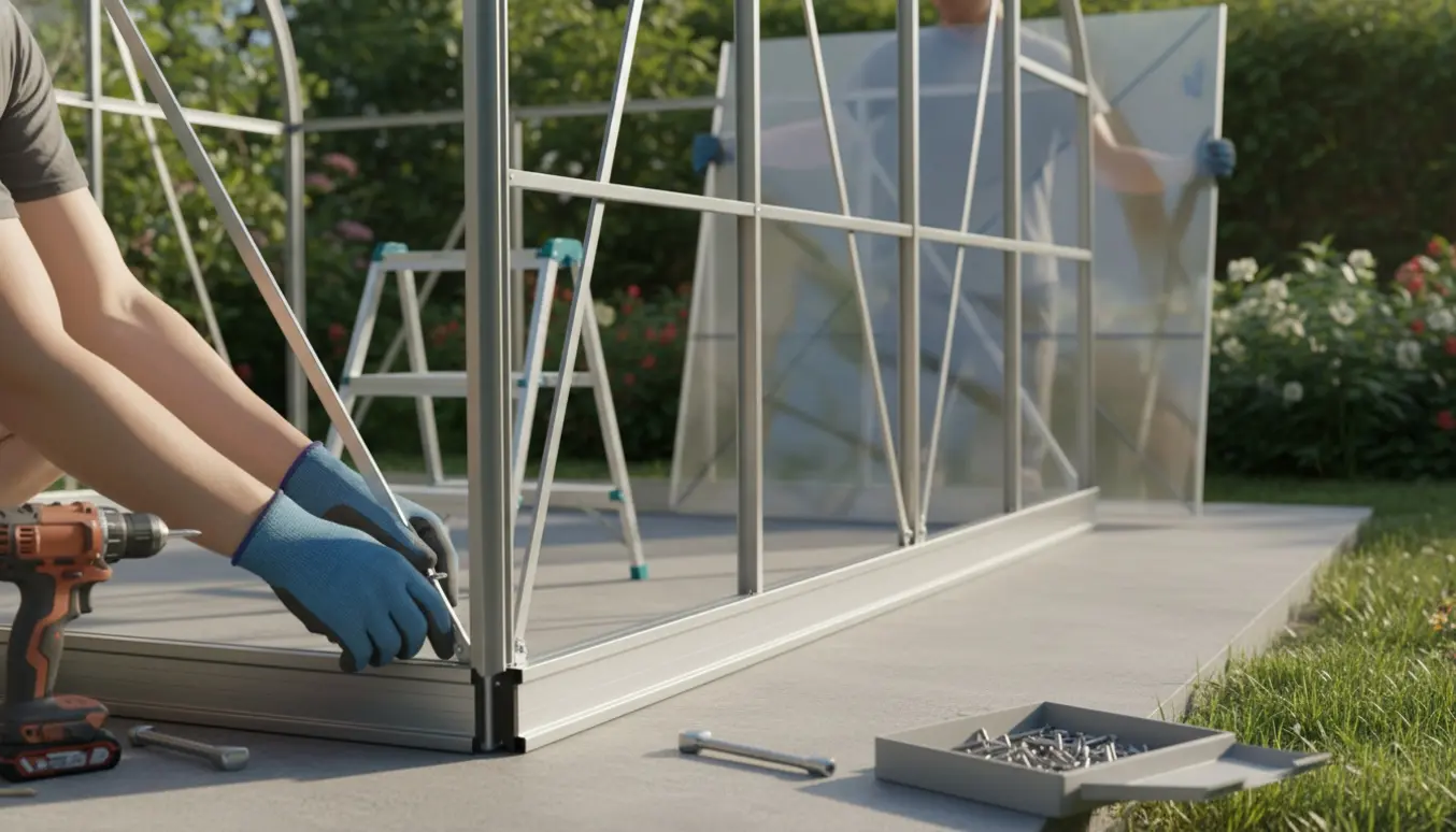 Montering af drivhus på et færdigt fundament med rammer, plader og værktøj i sollys.