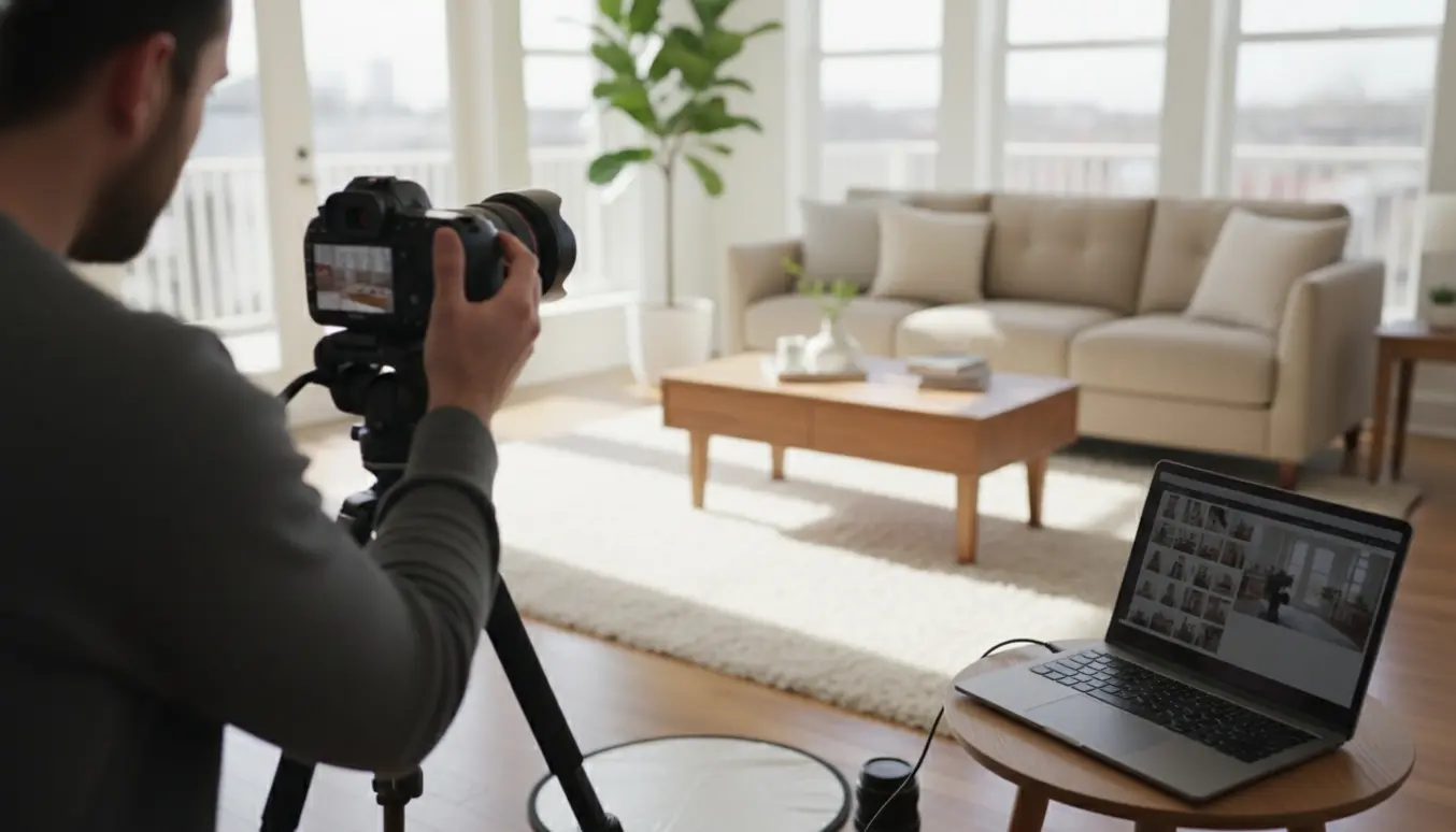 Fotograf med kamera på stativ fotograferer en lys, velindrettet stue til boligsalg med laptop til redigering.