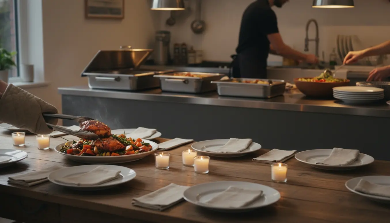 Hænder anretter varme serveringsfade på et langt bord i et køkken klar til en lille fest, mens opvask og oprydning foregår i baggrunden.