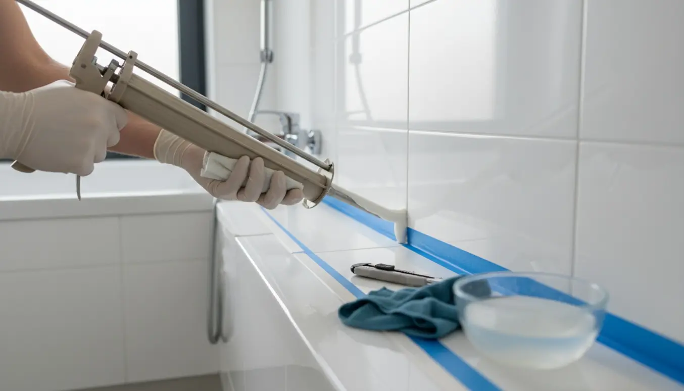 Hånd i handske bruger fugepistol til at lægge silikonefuge mellem badekar og fliser i et nyrenoveret badeværelse.