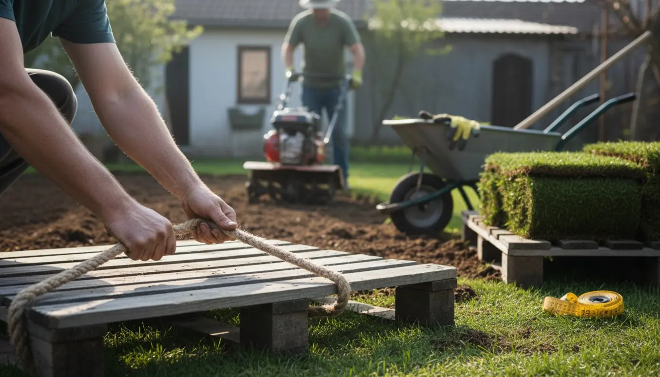 Rullegræs i baghaven med fræser, palle og tov klar til planering og udlægning.