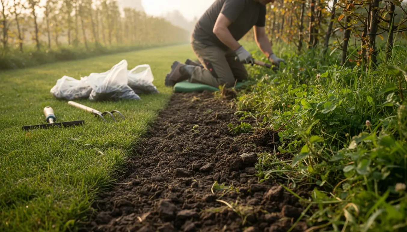 Nærbillede af en person, der luger ukrudt under en nyplantet hæk med haveredskaber og fyldte plastikposer.