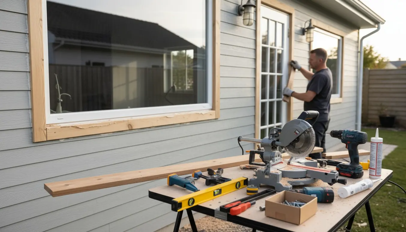 Udskiftning af plastiklister med trælister ved tre vinduer og en havedør med værktøj i forgrunden.