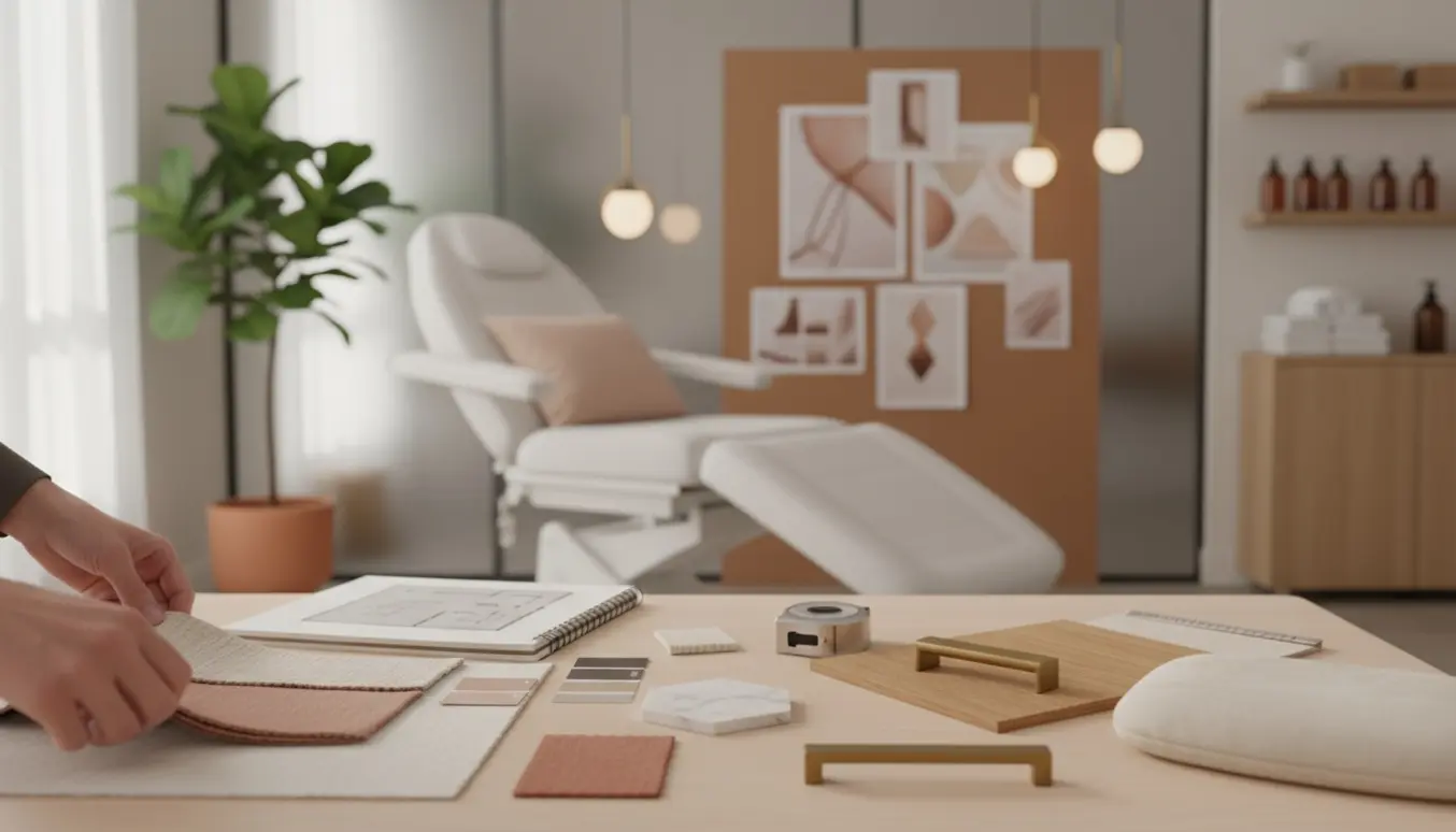 Designer arrangerer materialer og farveprøver ved et roligt, spa-inspireret behandlerrum i en kosmetisk klinik.