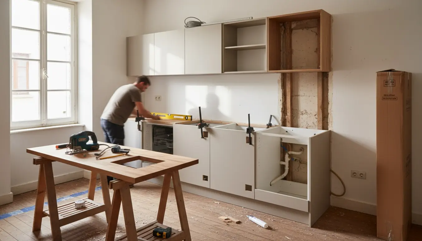 Håndværker monterer underskabe og bordplade i et lille gammelt køkken med værktøj og sokkel klar.
