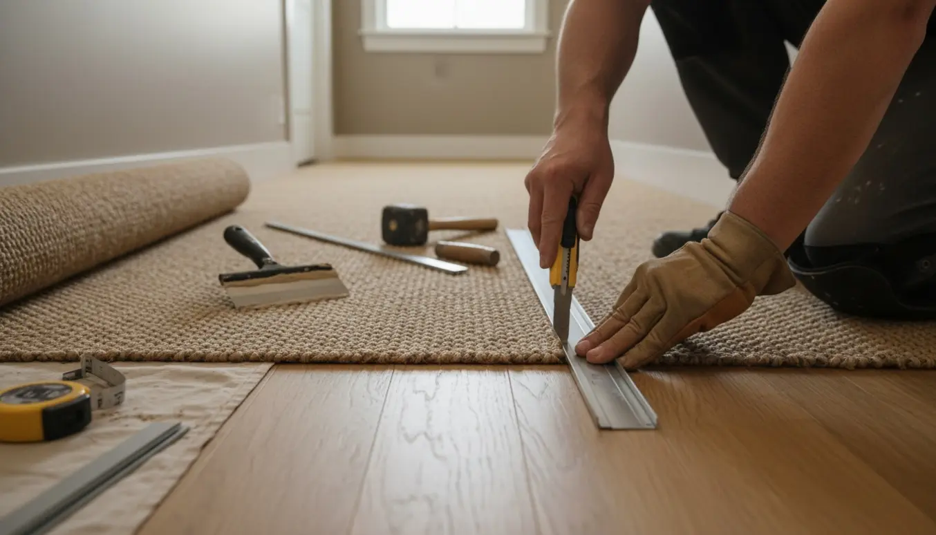 Håndværker tilpasser et sisaltæppe i en gang og monterer en lille metalkant, så det flugter med trægulvet.