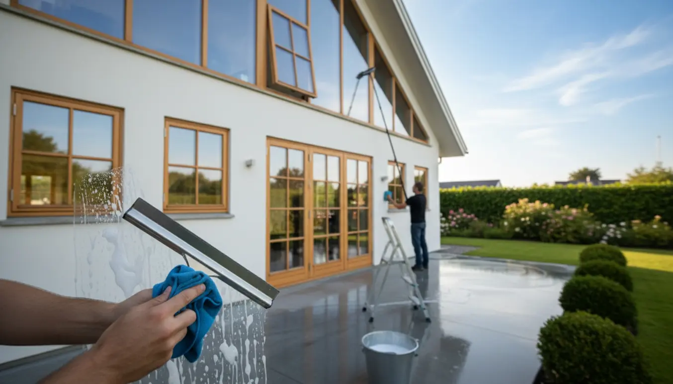 Hænder med vinduesskraber og spand pudser forskellige vinduer på et moderne hus.