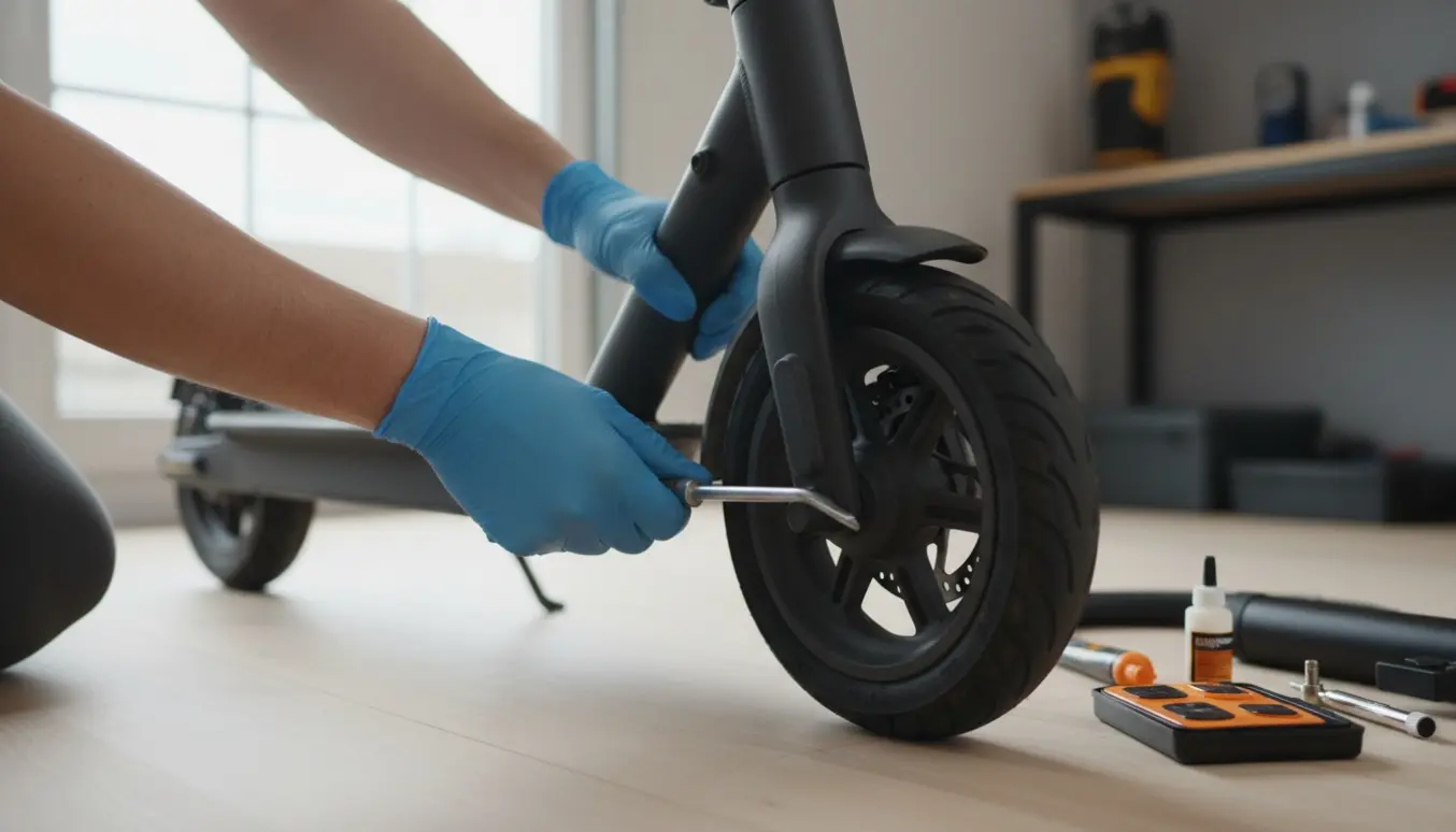 Hænder lapper et punkteret dæk på et elektrisk løbehjul med lapningssæt og pumpe.