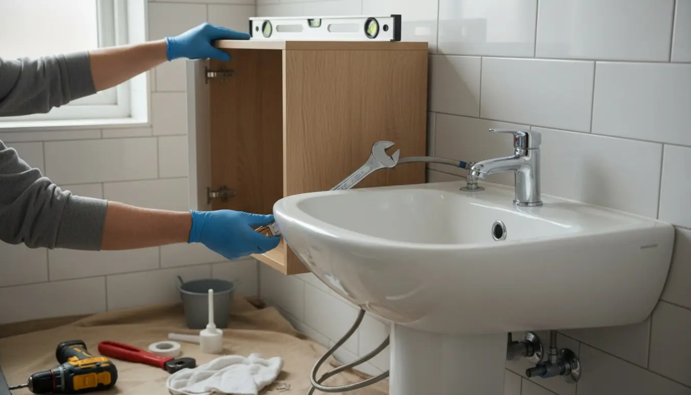 Nærbillede af montering af nyt badeværelsesskab og vandhane med værktøj i et lyst badeværelse.