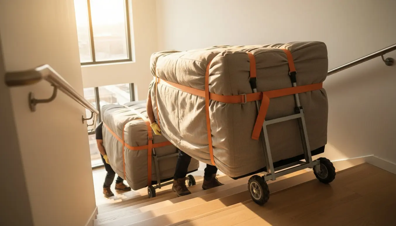 To indpakkede sofa-moduler bæres op ad en lys lejlighedstrappe mod tredje sal.