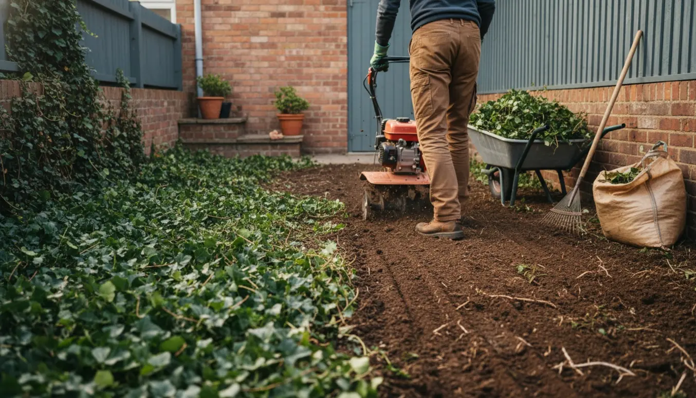 Lille baghave ved rækkehus, hvor en fræser fjerner efeu og efterlader frisk fræset jord.