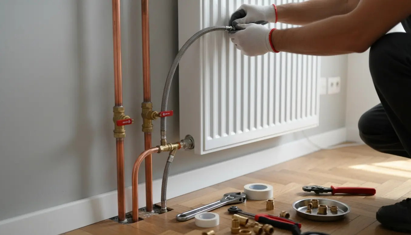 Montørs hænder tilslutter rør og fittings til en ny hvid radiator 60x60 cm med synlige ventiler og cirka 15 cm afstand til eksisterende rør.