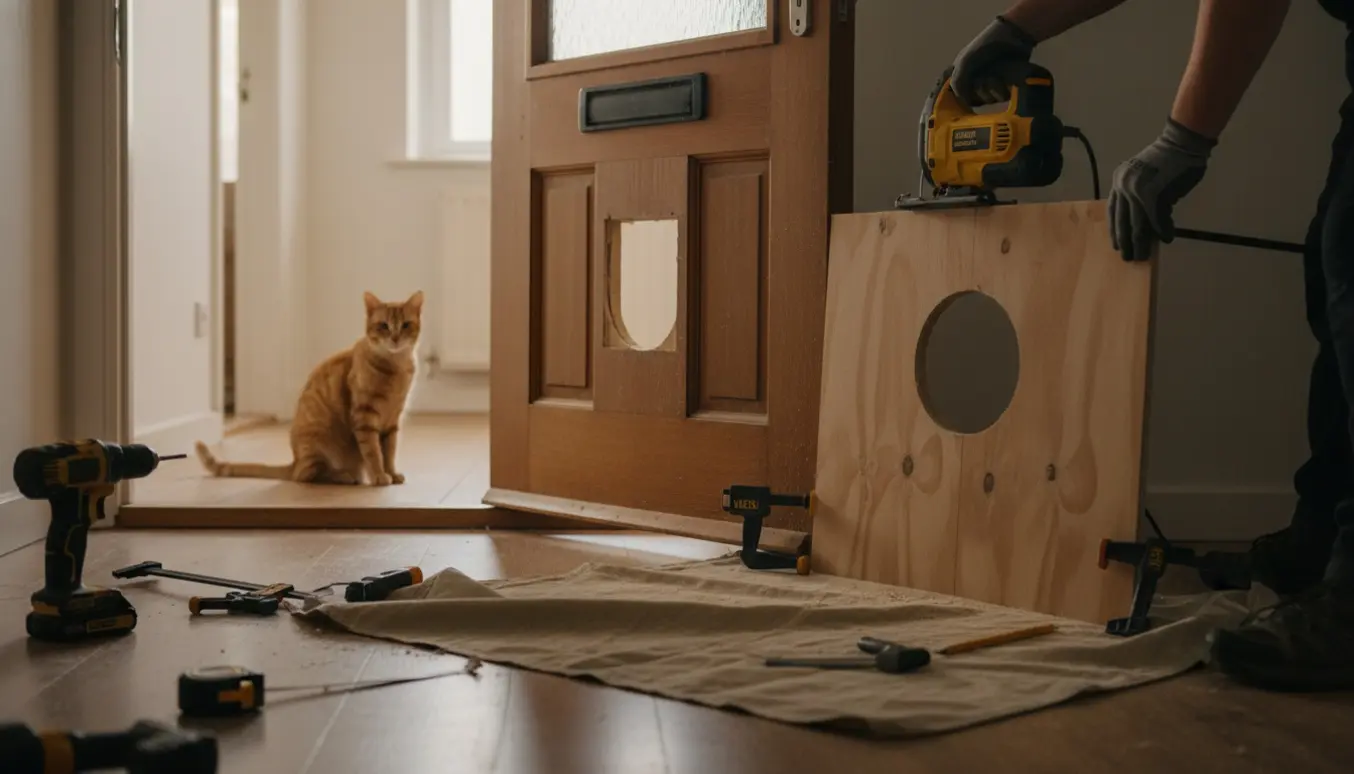 En midlertidig kattelem laves i en glasdør ved at indsætte en udskåret træplade.