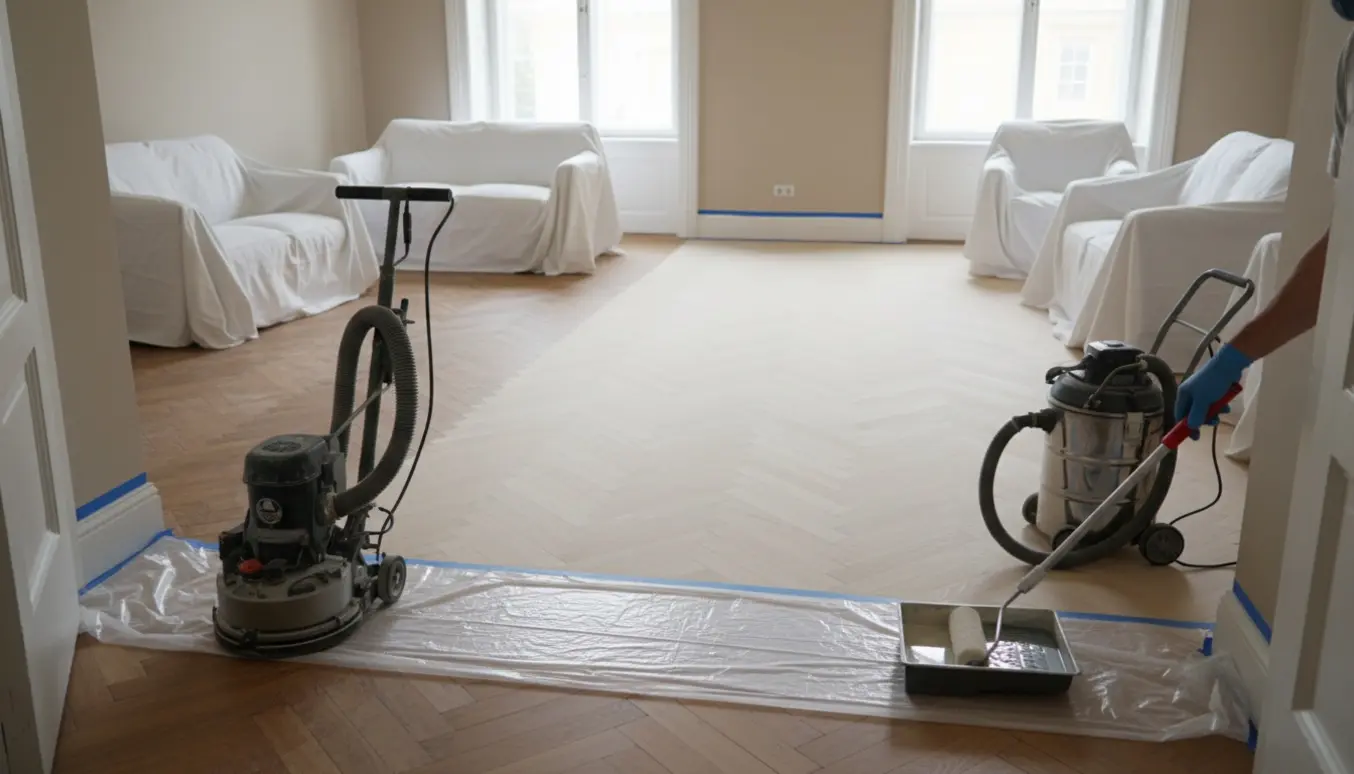 Slibning og lakering af sildebensgulv i forbindelse mellem stue og spisestue, med maskiner og beskyttede møbler.