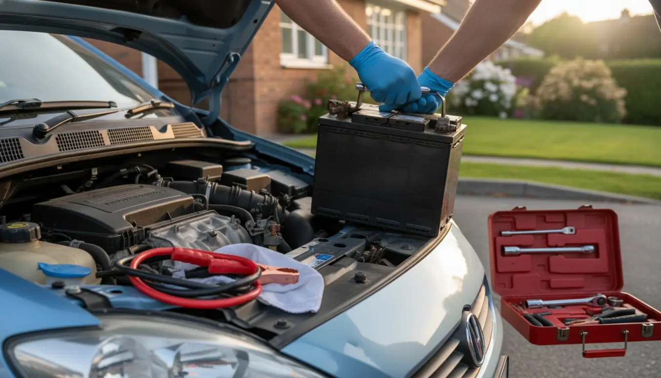 Nærbillede af åben motorhjelm, hvor et nyt bilbatteri monteres med startkabler og værktøj.