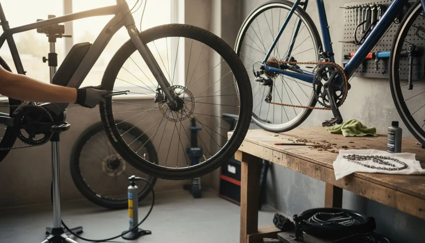 To cykler i et værksted under service; elcykel får nye dæk, racercykel får rensning og kædeskifte.