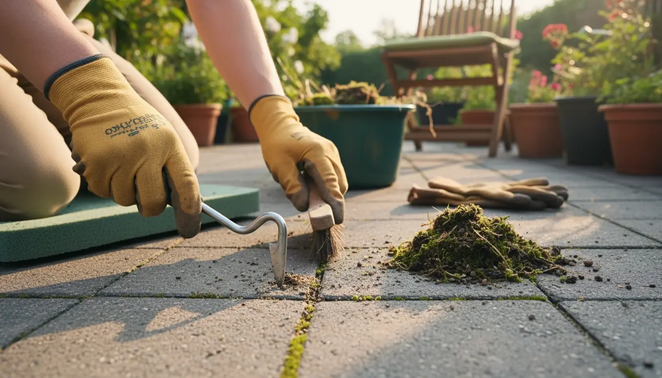 Hænder i havehandsker fjerner ukrudt mellem fliser på en lille terrasse.