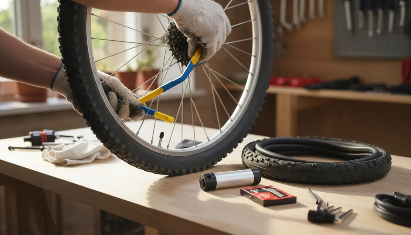 Cykelens baghjul på et arbejdsbord, hvor en ny slange og dæk er ved at blive udskiftet.