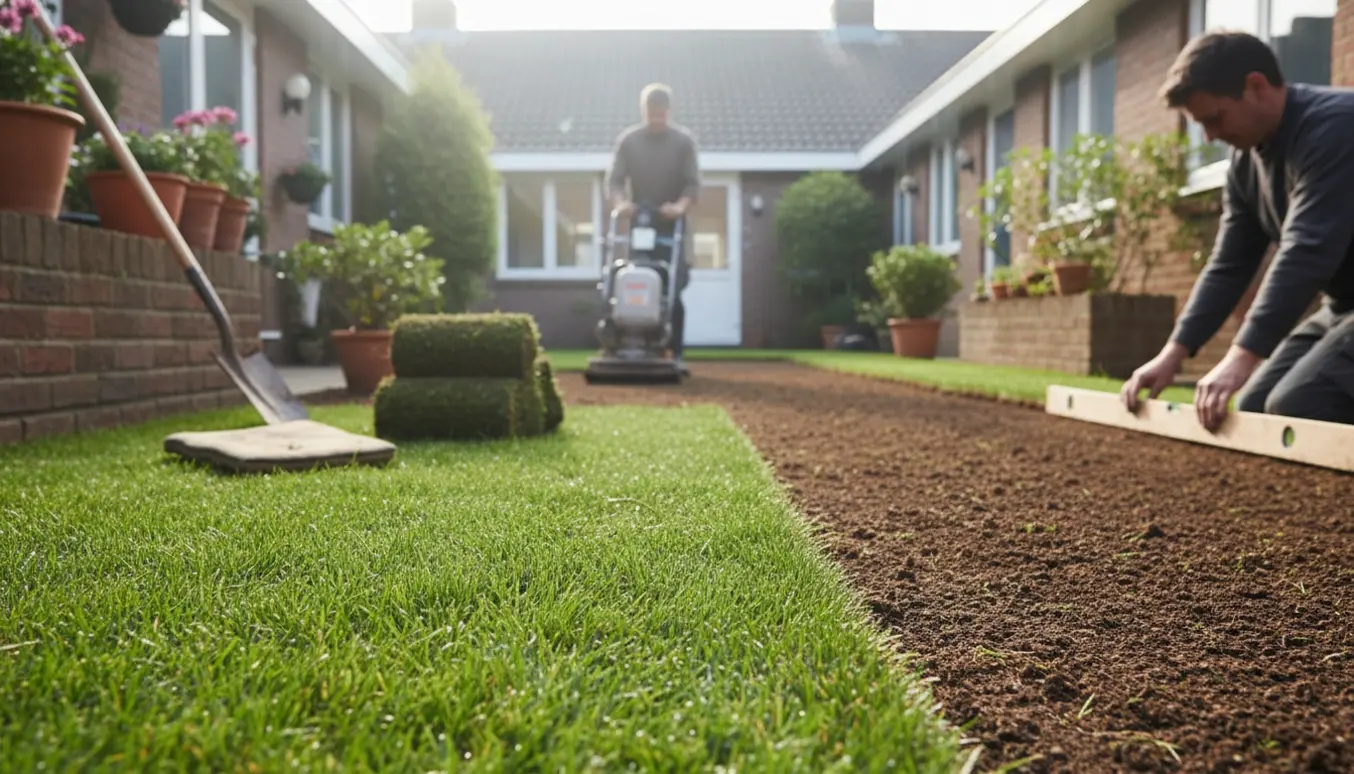 Klargøring af jord og anlægning af rullegræs i en lille andelsforenings gård.