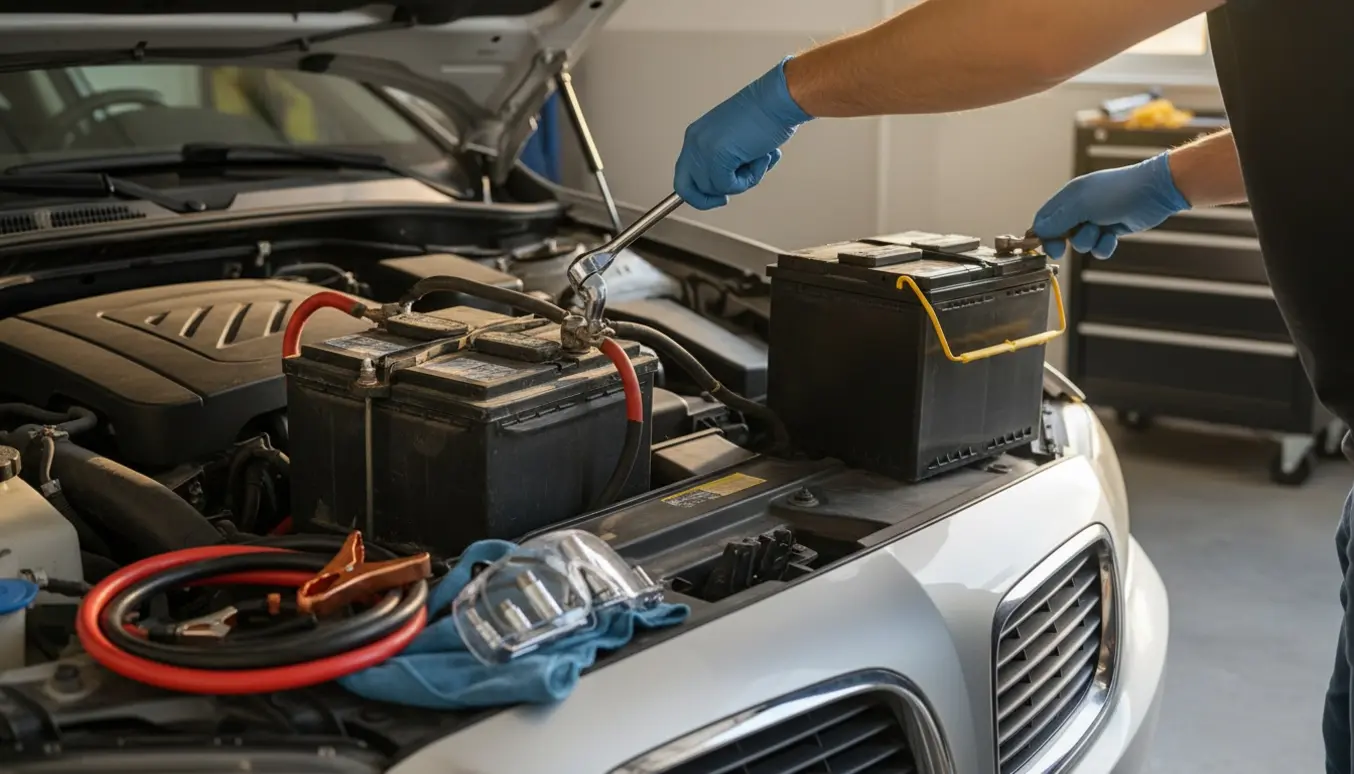 Nærbillede af handskerklædte hænder, der skifter et bilbatteri under en åben motorhjelm med nyt batteri og værktøj ved siden af.