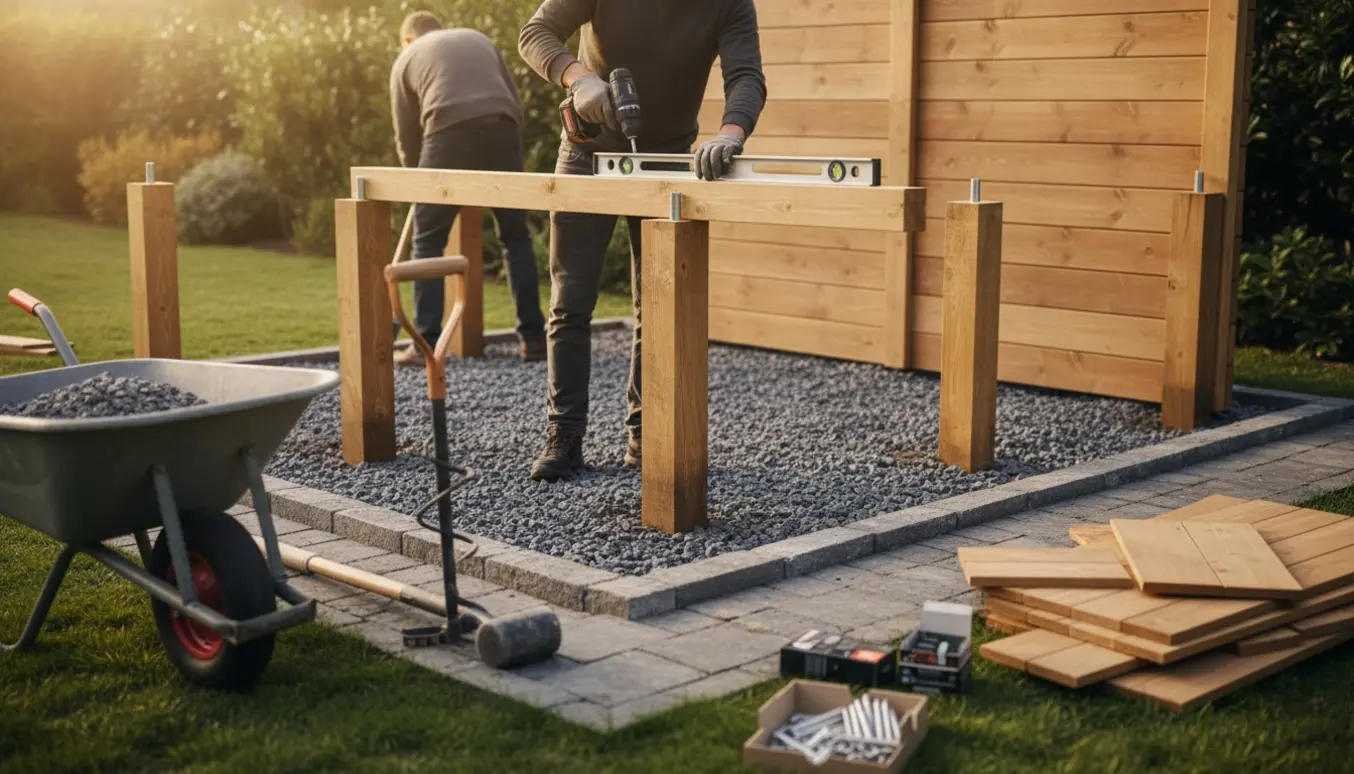 Montage af et lille have- eller cykelskur på grus- og fliseunderlag med værktøj og håndværkere set bagfra.