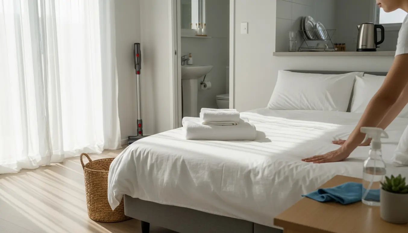 Hænder redes seng i et lyst og ryddet Airbnb-udlejningshus med friske håndklæder og rengøringsredskaber.