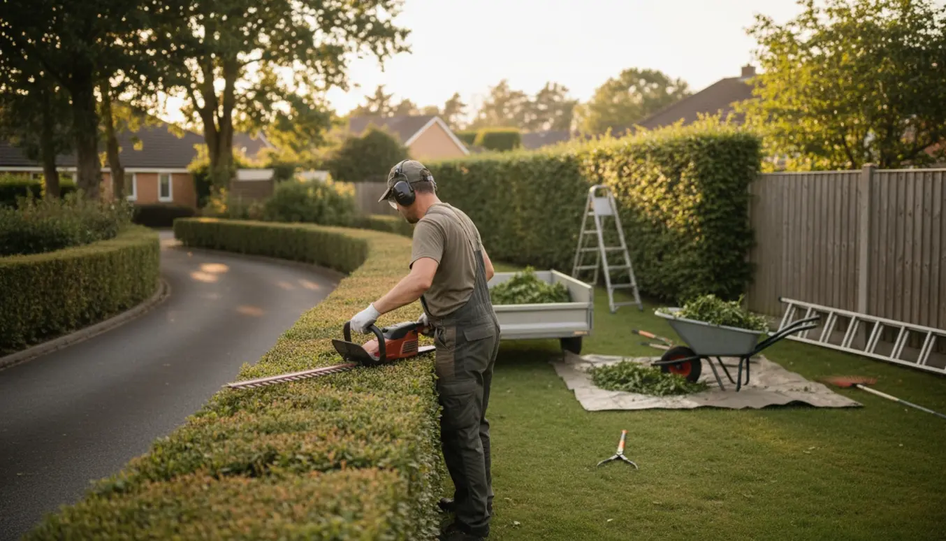 Gartner klipper liguster- og lærkehække i en forhave, med afklip samlet i en trailer.