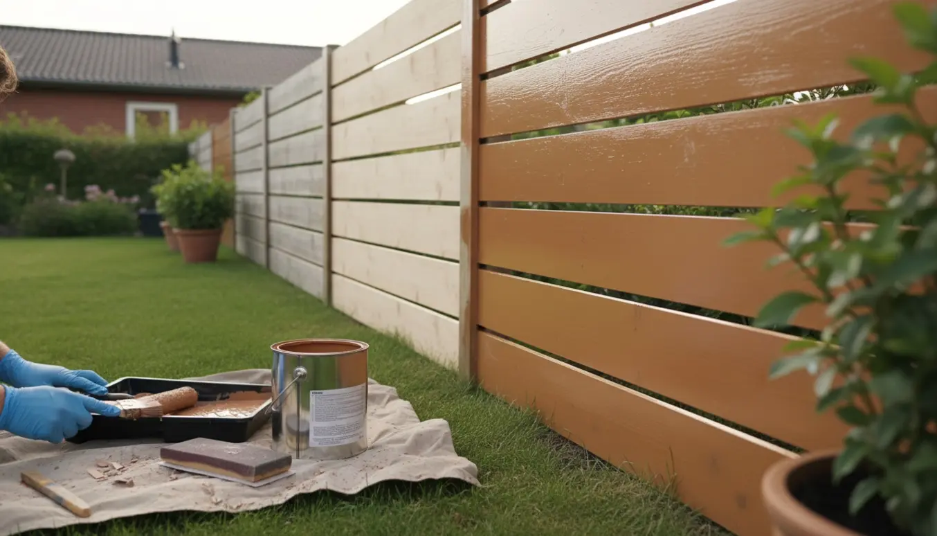 Nærbillede af et træhegn i haven, delvist slebet og nymalet med pensel og malerbøtte i forgrunden.