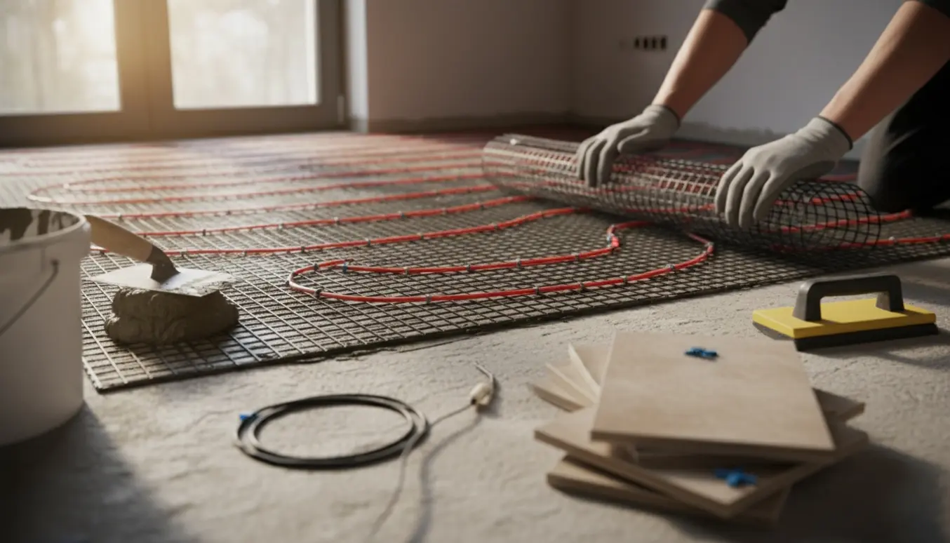 Installatør ruller gulvvarmemåtter ud på et undergulv i et rum under renovering.