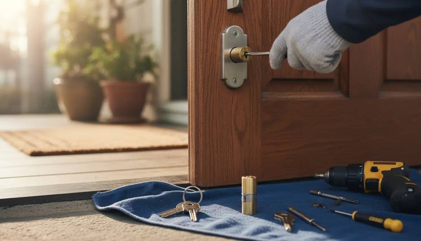 Nærbillede af hænder, der udskifter en låsecylinder ved hoveddøren med nye nøgler og værktøj.