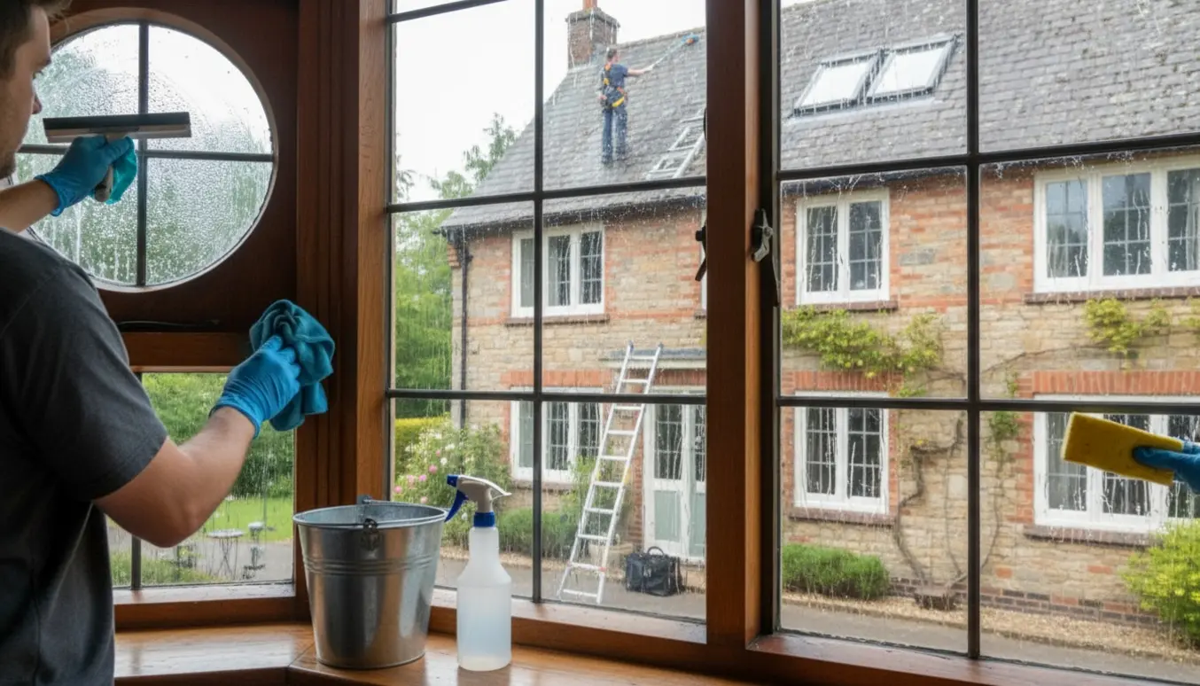 Ind- og udvendig vinduespudsning af sprossede vinduer, skråvinduer, Velux og et lille rundt vindue.