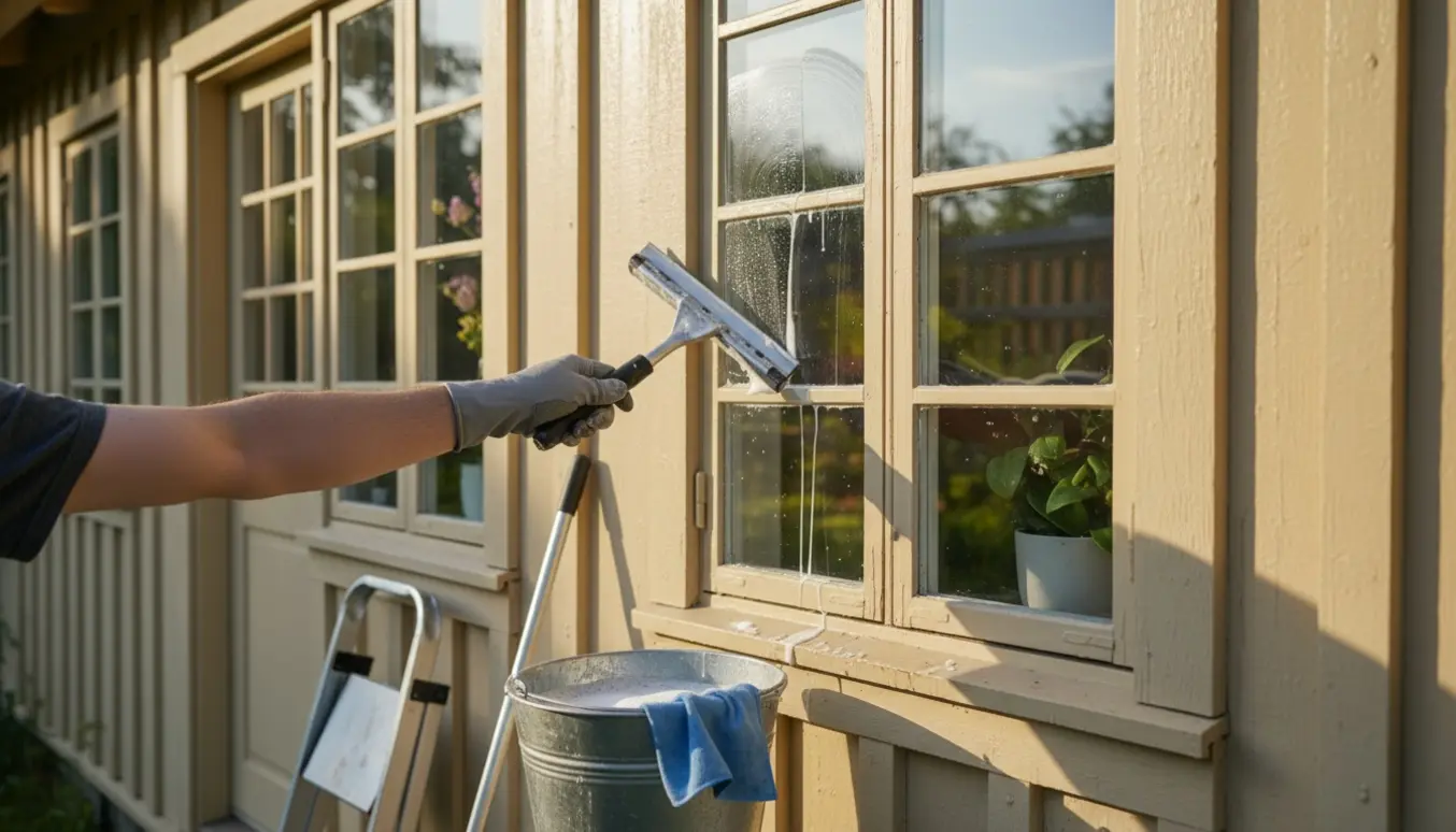 Squeegee i brug på et udvendigt bondehusvindue med spand og stige i baggrunden.