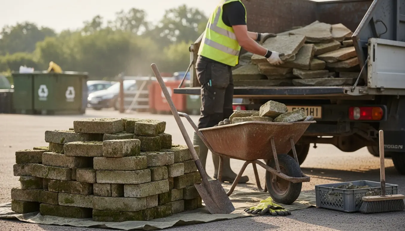 Stak af gamle havefliser og en arbejdshandske ved en container på en genbrugsplads, klar til bortkørsel.
