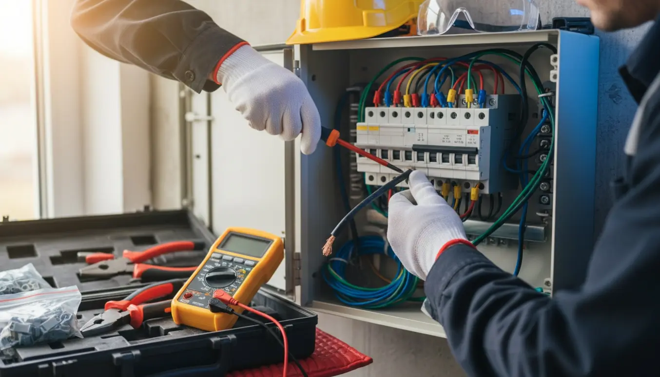 Elektriker i handsker retter et åbent eltavle med isolerede værktøjer.