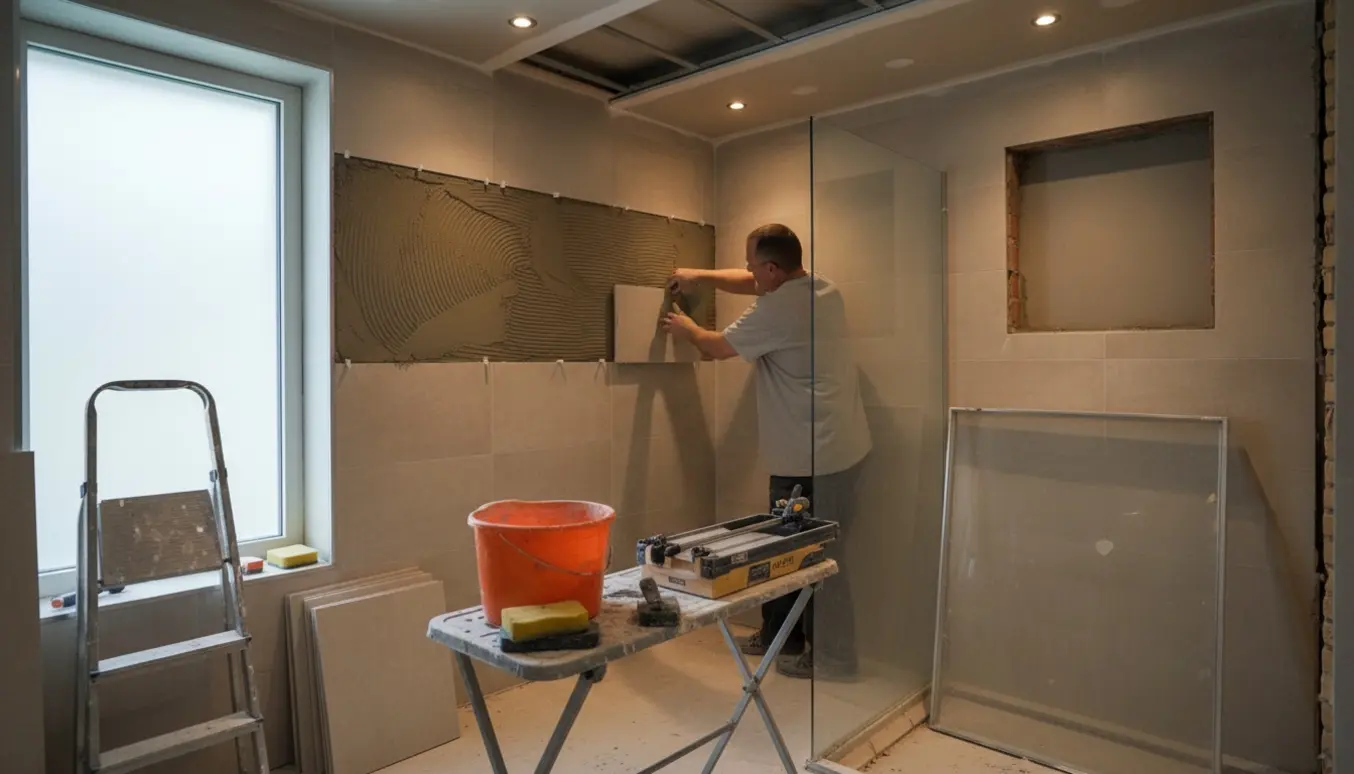 Et kompakt badeværelse under renovering med nye klinker, nedsænket loft med spots og en glasbruseniche.