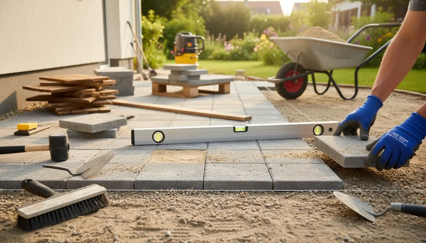 Hænder i arbejdshandsker lægger fliser på et forberedt sand- og grusunderlag ved en terrasse.