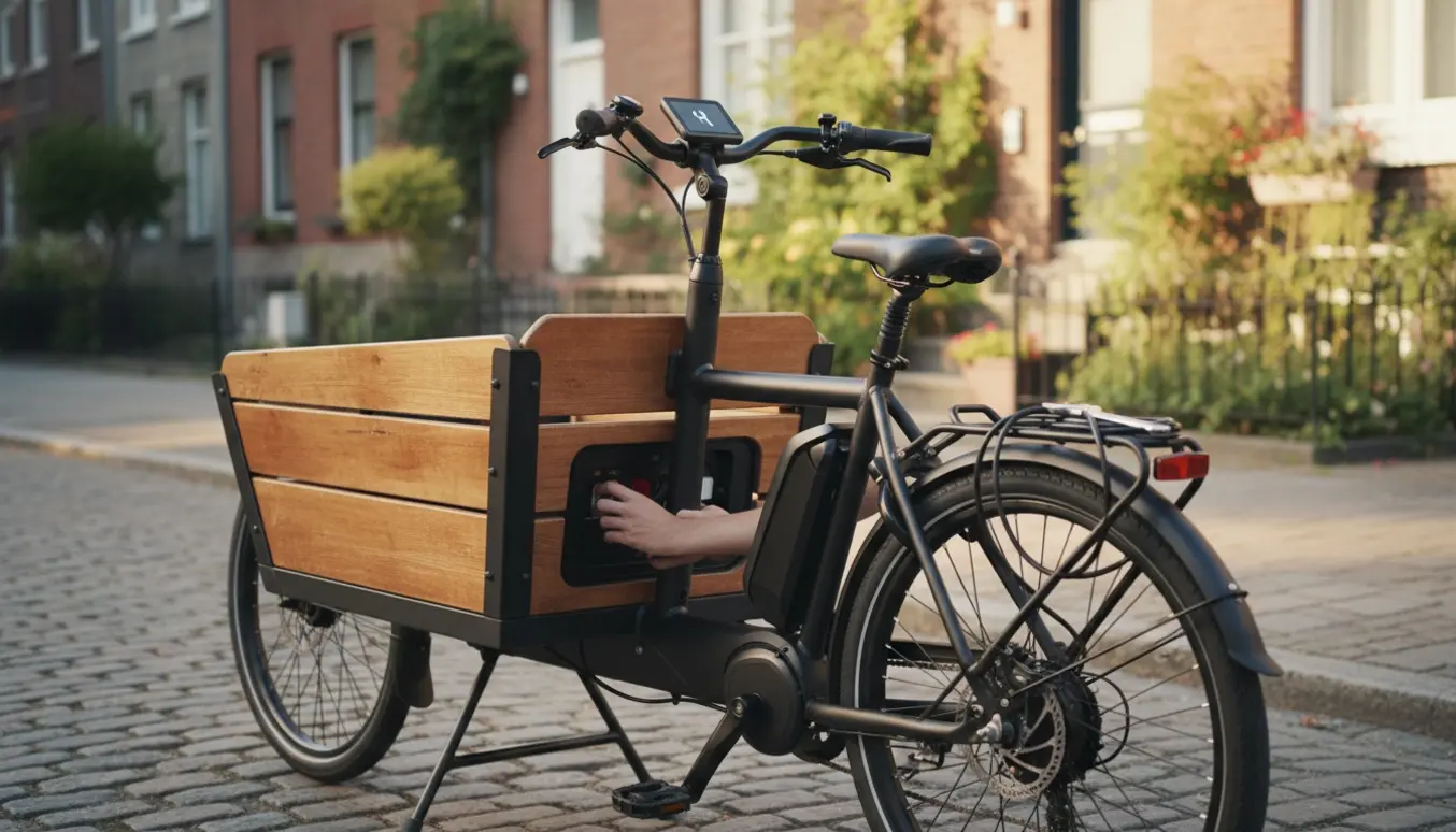 El-ladcykel med åbent batteri og display, der viser en lille svensknøgle, mens nogen tjekker forbindelser.