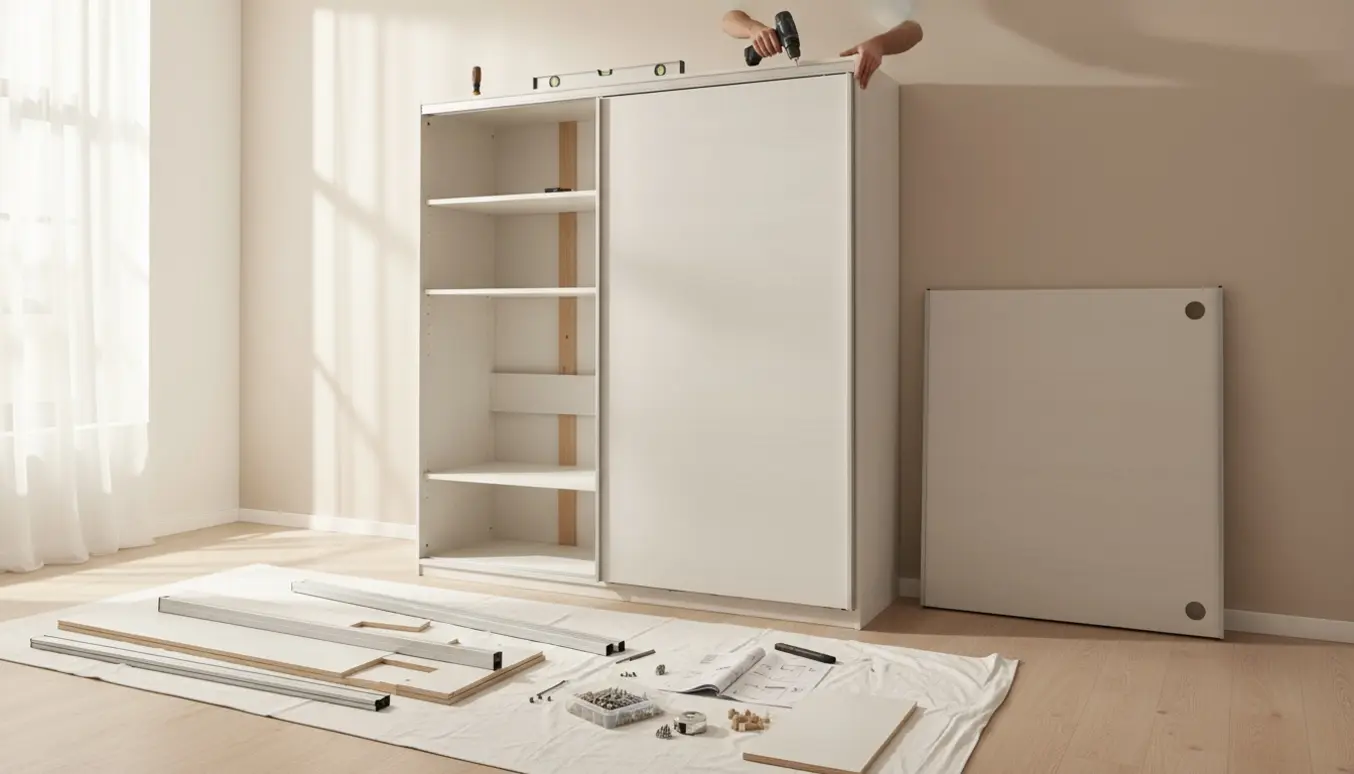 Delvist samlet PAX-garderobeskab med skyde­døre, værktøj og hænder i naturligt dagslys.