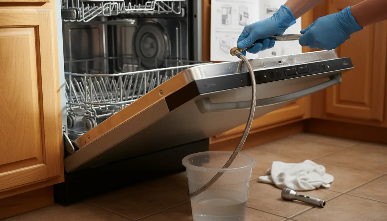 Åben opvaskemaskine med løs vandforsyningsslange, en hånd med skruenøgle og en spand der opsamler dryppende vand.