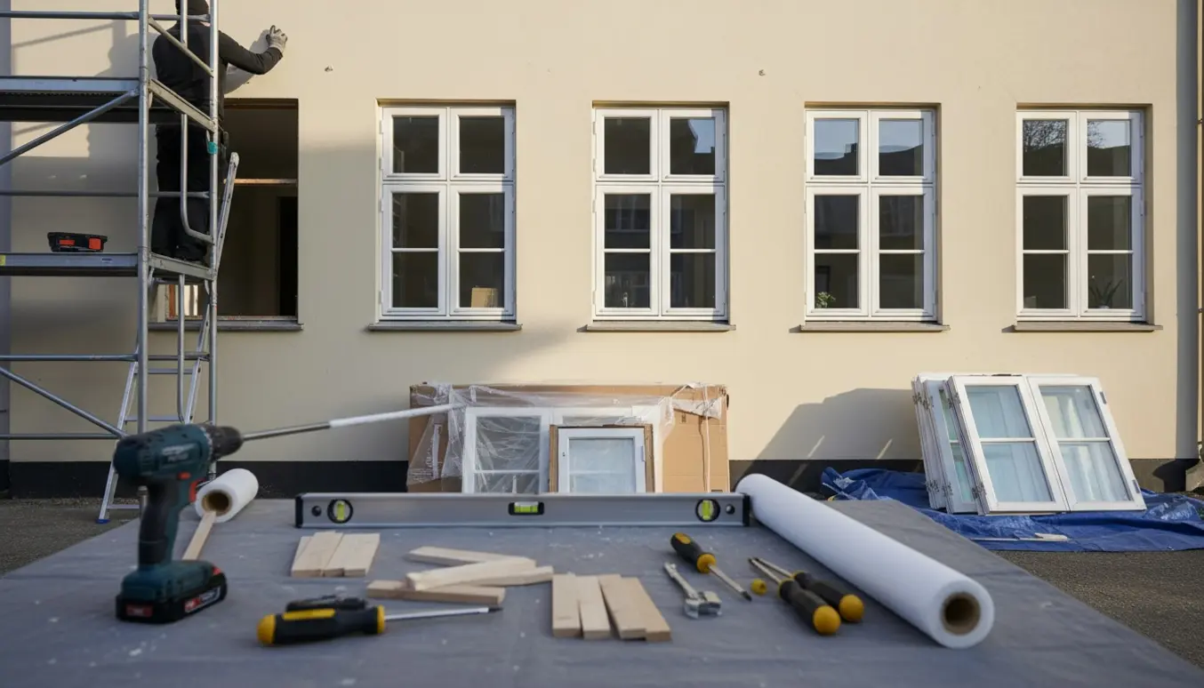 Håndværkere monterer nye hvide dannebrogsvinduer på en boligfacade med værktøj i forgrunden.